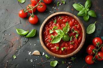 A bowl of tomato sauce with basil and tomatoes on the side with basil leaves and garlic on the
