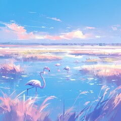 Serene Delta River Mouth with Flamingos and Pink Waterscape - obrazy, fototapety, plakaty