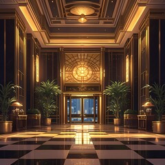 Majestic Art Deco Hotel Lobby with Stunning Design and Chandeliers