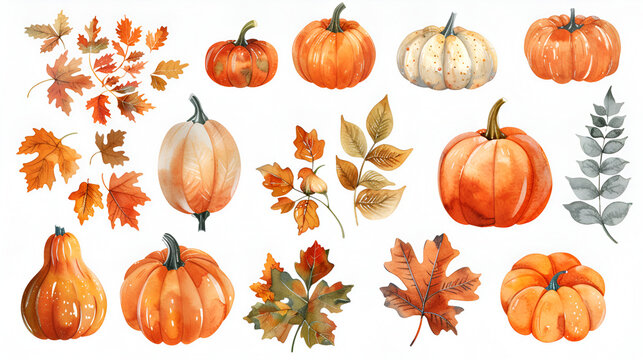 Watercolor Fall Decor Clip art pumpkins and leaves on a white background, generative Ai