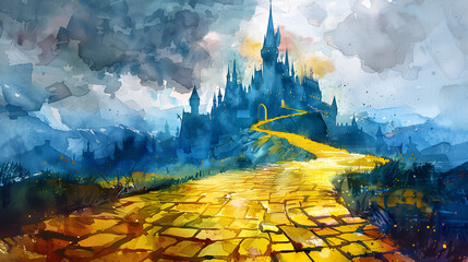 Watercolor drawing of a yellow brick road leading to city, generative Ai - obrazy, fototapety, plakaty