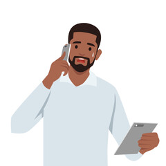 Young black man upset talking on the phone looking troubled by conversation. Flat vector illustration isolated on white background