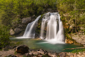Bovec, Slovenia. Visje waterfalls. Nature trail crystal clear, turquoise water. easy trekking,...