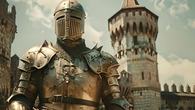 Knight in full armor stands before a medieval tower. The concept of valor and historical defense.