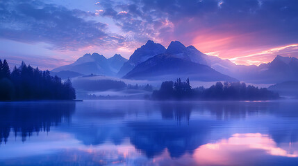 Mountain range fading into mist, beneath lies a tranquil lake. - obrazy, fototapety, plakaty