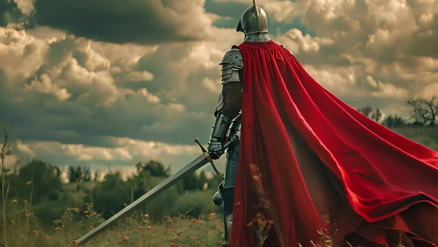 Knight in armor with a red cape stands against the backdrop of a medieval castle. The concept of honor and historical bravery.