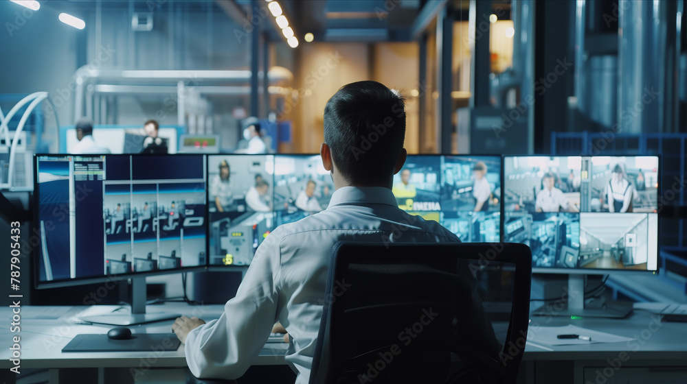 Poster a security guard is seated at a desk in front of numerous monitors, actively monitoring various scre