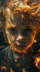 boy in extreme detail with fire all around him and a house burn down. Have him have fire hair and black eyes.generative ai