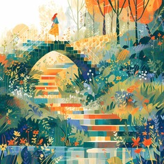 Walking on a Quiet Garden Bridge - Stylized Illustrated Watercolor Artwork with Autumnal Colors