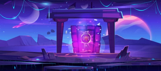  Magic portal on alien planet. Cartoon vector illustration of game or fairy tale space landscape with fantasy stone doorway. Mystic neon glowing gate with bug symbol for time or dimension travel. © klyaksun