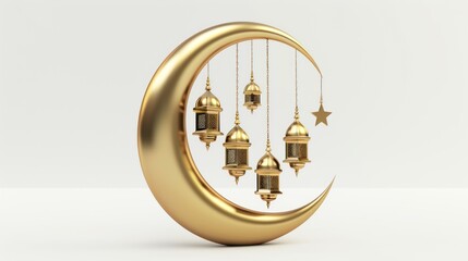 3D mosque design, crescent moon and lanterns, Islamic concept, especially for Ramadan