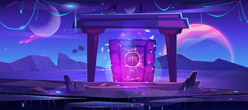 Magic portal on alien planet. Cartoon vector illustration of game or fairy tale space landscape with fantasy stone doorway. Mystic neon glowing gate with bug symbol for time or dimension travel.