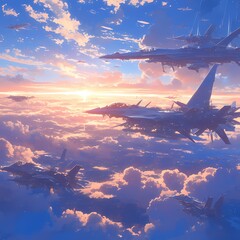 Majestic Fleet of Colossal Drones Against a Stunning Sky - obrazy, fototapety, plakaty