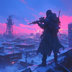 In a Post-Apocalyptic World, a Survivor Embraces Hope and Adventure with Gun in Hand, Overlooking a City Skyline at Dusk.