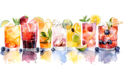 Watercolor illustration of drinks and cocktail collections, generative Ai - obrazy, fototapety, plakaty