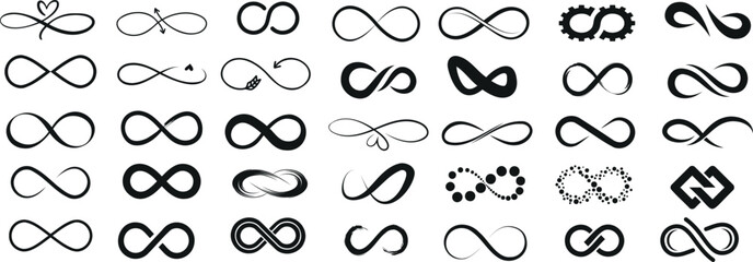 Infinity symbols collection, for logo design, branding, mathematical representation. Various infinity icon styles, simple to artistic. Endless, eternal, limitless concept