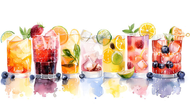 Watercolor illustration of drinks and cocktail collections, generative Ai