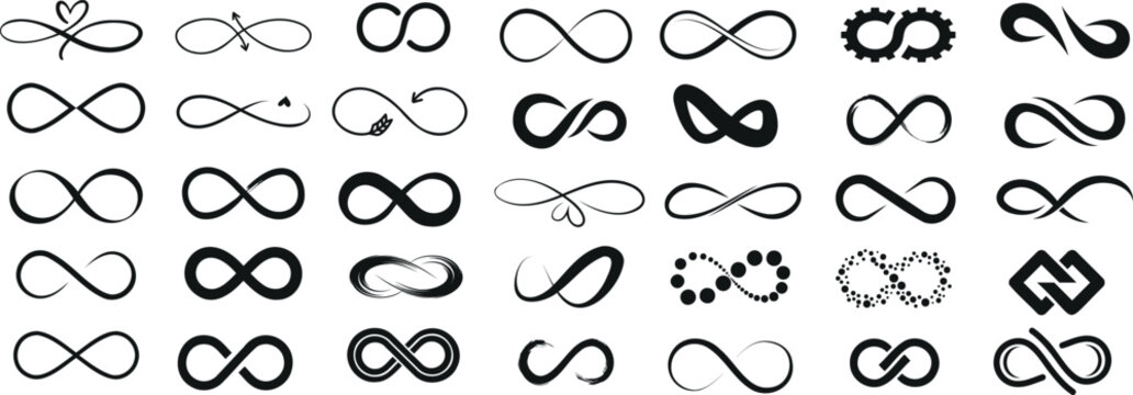 Infinity symbols collection, for logo design, branding, mathematical representation. Various infinity icon styles, simple to artistic. Endless, eternal, limitless concept