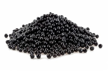 Pile of black tapioca pearls for bubble tea on white background
