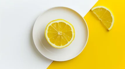 Foto op Plexiglas A slice of lemon is on a white plate © CuratedAIMasterpiece