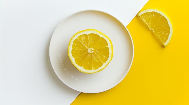 A slice of lemon is on a white plate