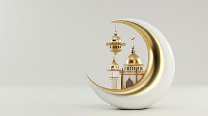 3D mosque design, crescent moon and lanterns, Islamic concept, especially for Ramadan