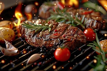 Succulent Beef Steaks Grilling with Fresh Rosemary, Garlic, Tomatoes, and Potatoes Amidst Dancing Flames