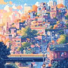 Gorgeous Animated Illustration of a Dense Urban Neighborhood at the Golden Hour