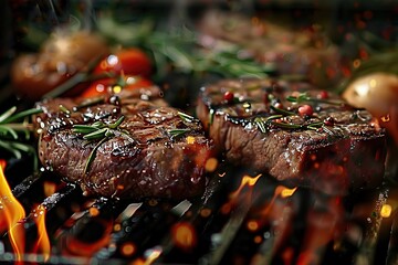 Succulent Beef Steaks Grilling with Fresh Rosemary, Garlic, Tomatoes, and Potatoes Amidst Dancing Flames