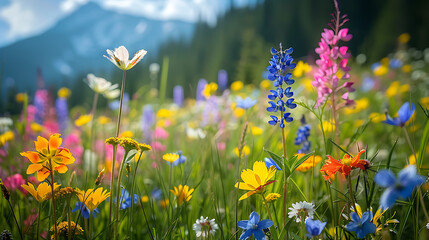 A radiant meadow with vibrant blooms under clear skies. Nature's palette in full display, inviting tranquility and awe. Joyful hues dance amidst lush greenery, a picturesque scene of serenity and vita