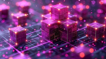 Pink glowing cubes on a circuit board with pink and purple lights in the background.