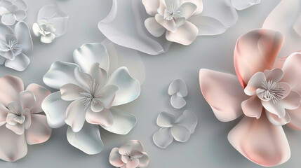 Romantic 3D florals in pastel hues create a peaceful vibe on a soft grey background. - obrazy, fototapety, plakaty