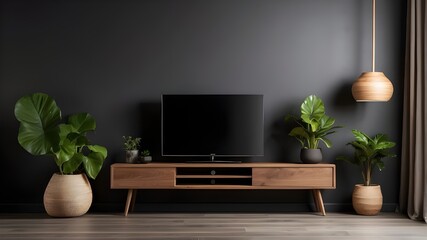 TV cabinet in a vacant interior space; dark wall with wooden shelf; lamp; plants; and wooden table.