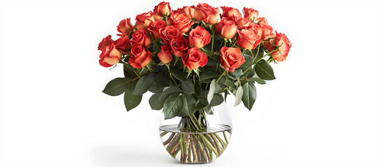 Obraz premium A beautiful bouquet of roses in a clear vase on a white background, perfect for gifting or as a decorative display in any setting.