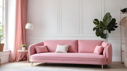 Fototapeta na wymiar White walls with a pink sofa in the living room