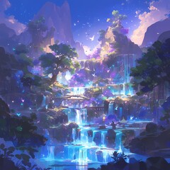 Explore the Mystical Realm: A Majestic Waterfall in a Lush Forest with Stellar Night Sky