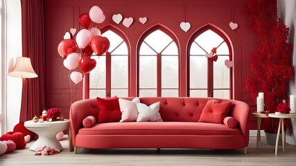 Valentine's Day home decor and a red sofa can be found in the interior space.