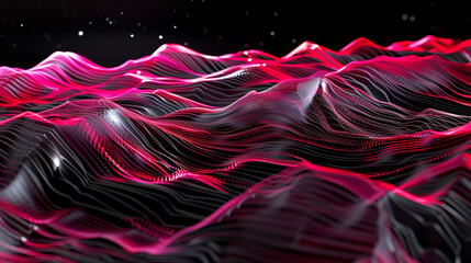 Maroon-olive digital waves dotted with silver traverse the mystery of a black canvas.