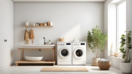 On a white wall background, a laundry room features a contemporary washing machine and a sanitary wash basin. - obrazy, fototapety, plakaty