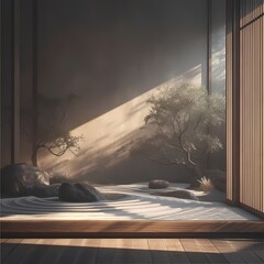 Escape to a serene Zen garden in soft, dim lighting. Discover tranquility with meticulously placed rocks and lush greenery, inviting you to find inner peace amidst the simplicity of nature. - obrazy, fototapety, plakaty