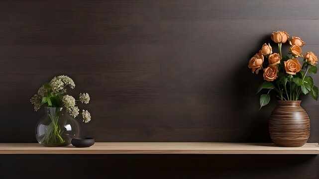 Interior wall mock-up including a wooden shelf, a dark brown wall, and a flower vase