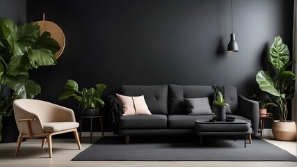 A contemporary living area including a table, an armchair, a plant, and a black wall backdrop.