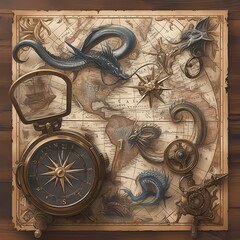 Fototapeta na wymiar Embark on a Fantastical Voyage with Our Stunning Antique Map Featuring Mythical Creatures and Nautical Treasures