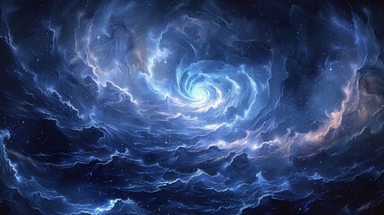 Sapphire swirl amidst a mystic maelstrom, celestial dance of water and light  - obrazy, fototapety, plakaty