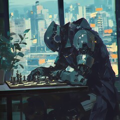 A Futuristic Robot Playing Chess, Sitting at a Table with a View of the City Night Skyline - Computer-Generated Imagery (CGI)