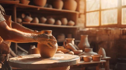 A man is crafting tableware on a pottery wheel, creating dishes for food and drinks. AIG41 © Summit Art Creations
