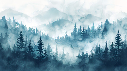 Watercolor landscape Coniferous forest and morning fog, generative Ai