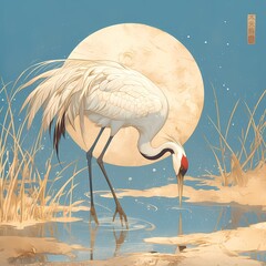 Fototapeta premium A graceful crane walks across a tranquil body of water under the gentle glow of dawn. This captivating scene captures the serene beauty of nature in its early hours.