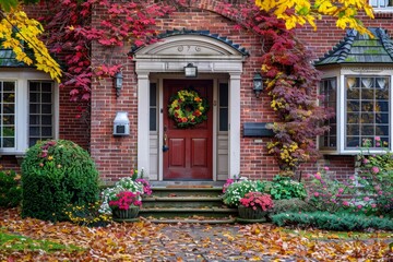 Fototapeta na wymiar Red brick house with seasonal wreath bay windows colorful foliage