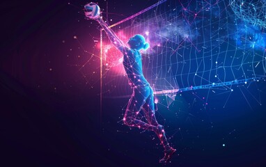 Abstract silhouette of volleyball game on blue background. Volleyball player hits the ball. Vector illustration